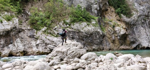 Climbing on stones next to the verdon